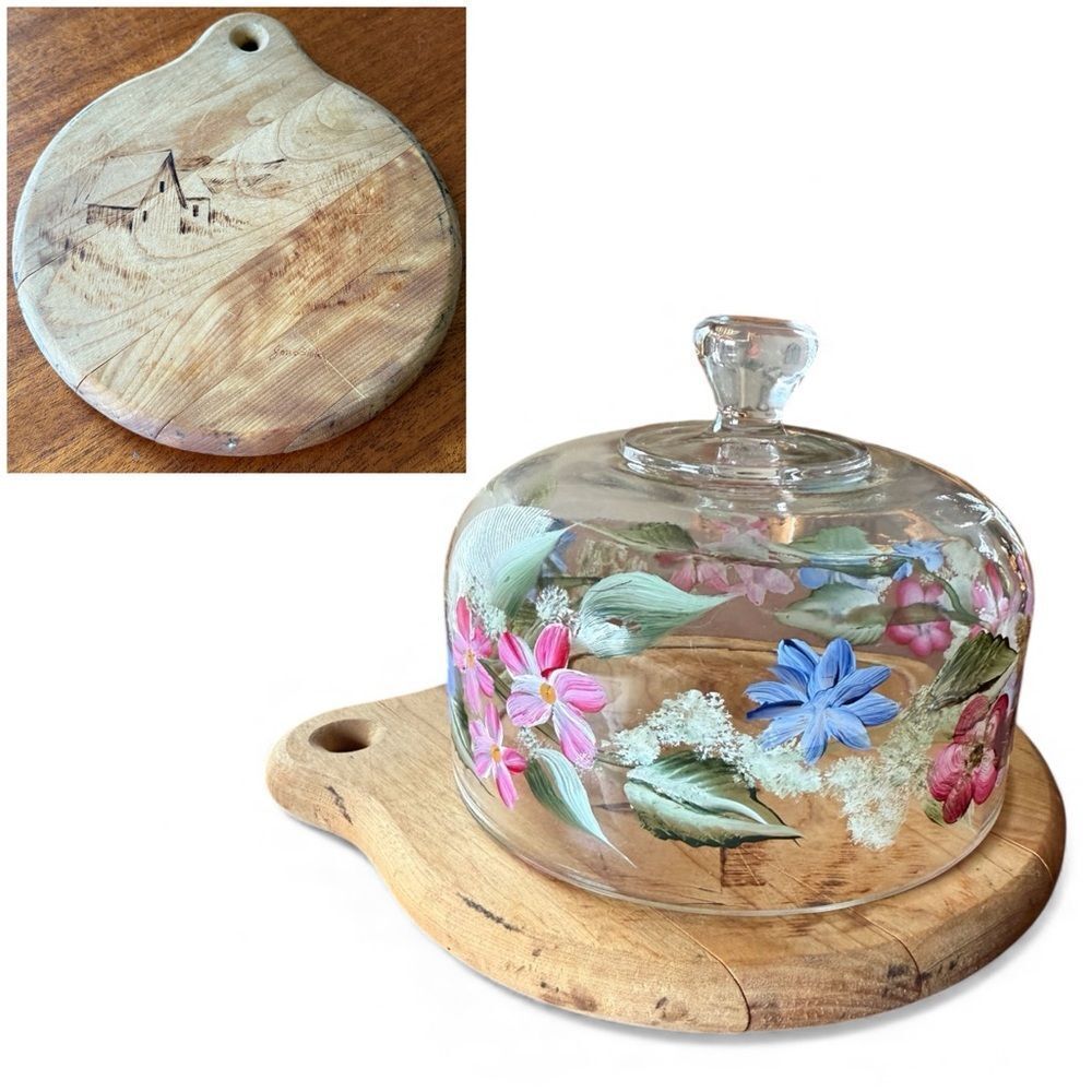 Vintage Hand Painted Floral Glass Choche Dome with Wood Burned Charcuterie Base